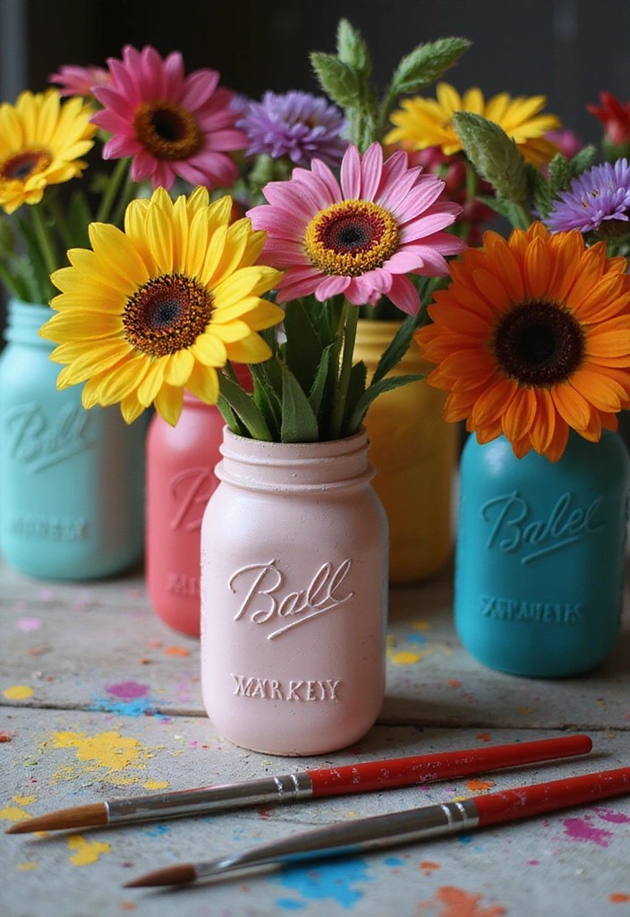 30 DIY Home Decor Projects That Are Shockingly Simple (Even Your Kids Can Do #12!) - 1. Painted Mason Jar Vases